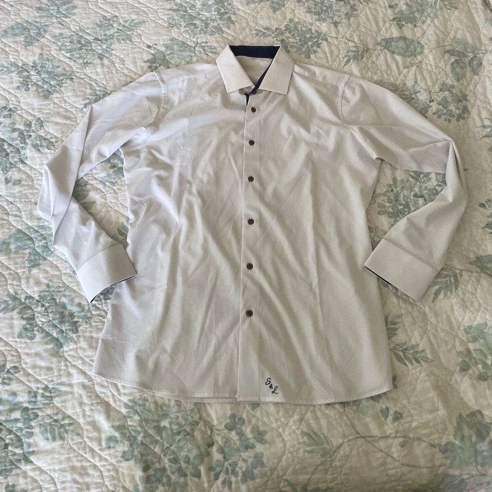 State and Liberty white dress shirt size large with navy accents, good condition